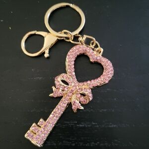 Gold-Tone Pink Crystal Heart Key Keyring - Women's Accessory
